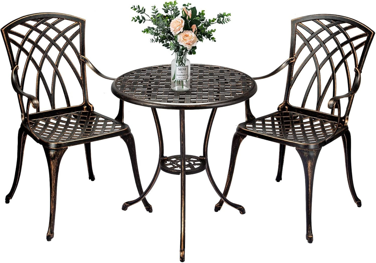 Cast Aluminum Patio Bistro Set with Umbrella Hole, 3 Piece Outdoor Bistro Set Rust-Resistant, Patio Table and Chairs, Outdoor/Indoor Use, for Garden,Backyard, Patio Balcony, Bronze-0
