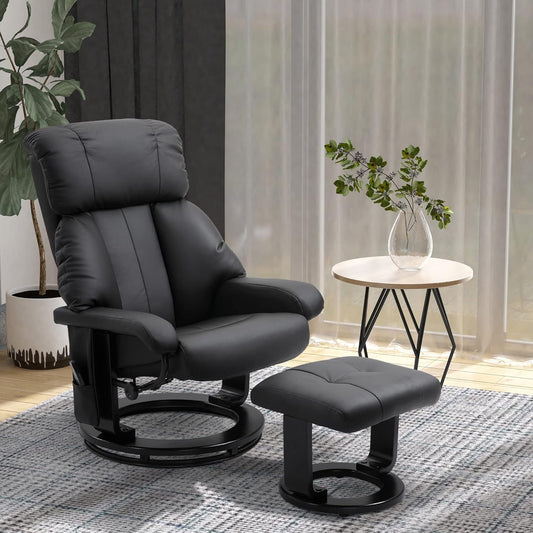 Massage Recliner Chair with Ottoman, 360° Swivel Recliner and Footstool, 10 Point Vibration, PU Leather Reclining Chair with Side Pocket and Remote Control, Black-1