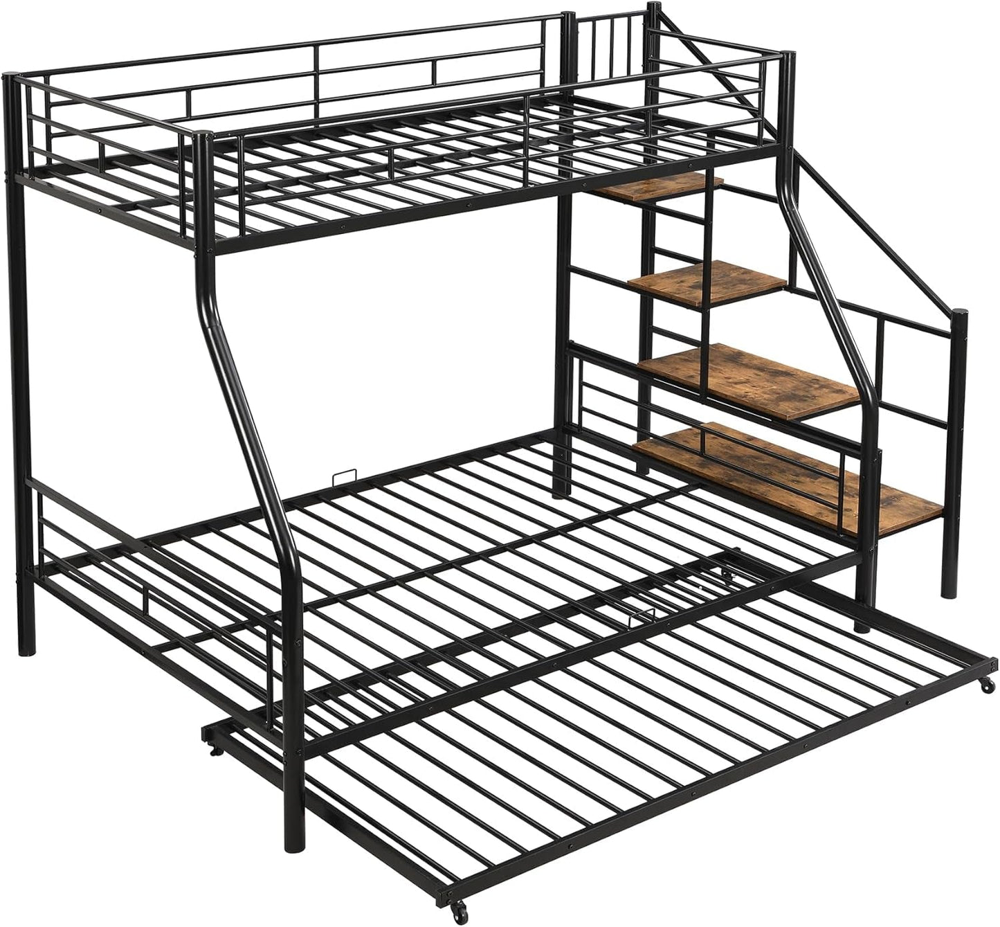 Twin over Full Metal Bunk Beds with Trundle,Heavy-Duty Metal Bunk Bed Frame with Storage Staircase for Kids,Teens,Adults,Space-Saving,Black-4