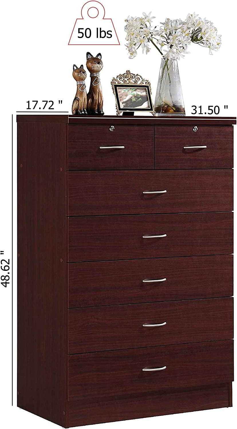 7 Drawer Wood Dresser for Bedroom, 31.5 Inch Wide Chest of Drawers, with 2 Locks on the Top Drawers, Storage Organization Unit for Clothing, Mahogany-2