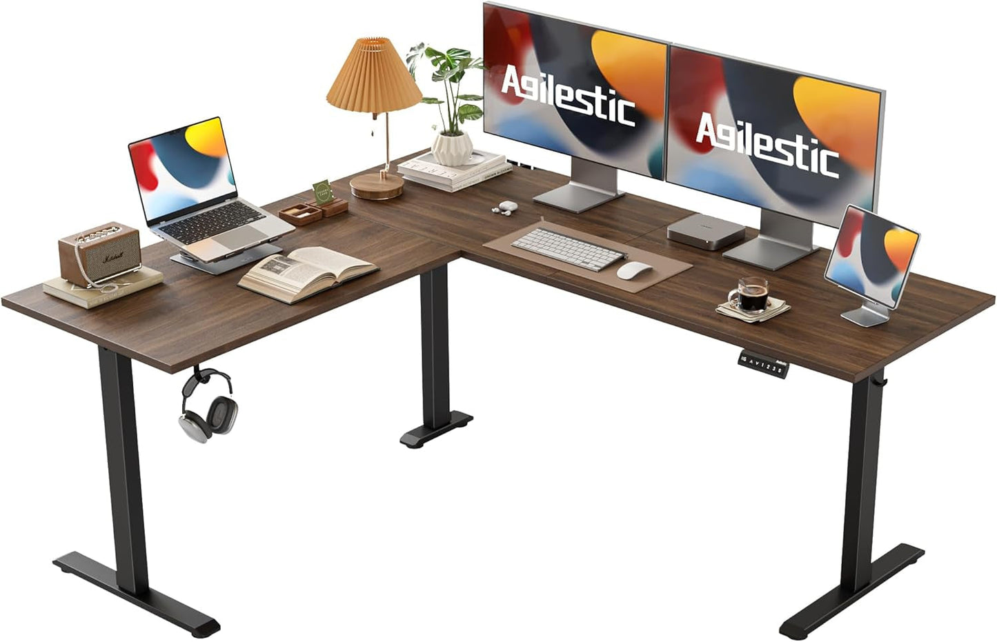 L Shaped Standing Desk Adjustable Height, Electric Corner Standing Desk, 63 X 55 Inch Sit Stand Computer Table with Splice Board, Dark Wlalnut-0