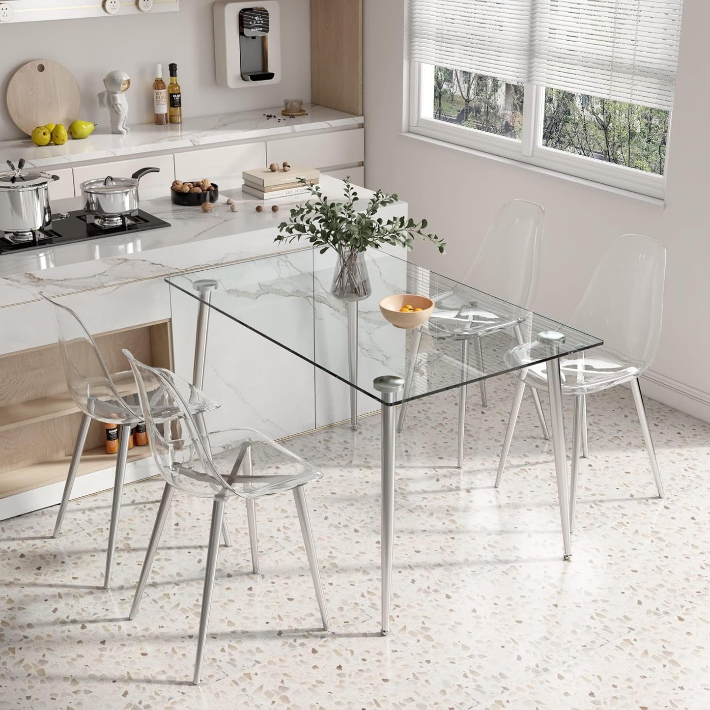 Clear Dining Chairs Set of 4, Modern Kitchen Chairs with Transparent Seat, Acrylic Accent Side Chairs with Metal Legs for Dining Room, Kitchen, Living Room with Silver-3