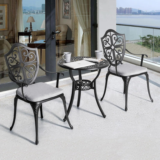 Bistro Set 3 Piece Outdoor, Cast Aluminum Patio Bistro Sets with Umbrella Hole and Grey Cushions, Bistro Table and Chairs Set of 3 for Patio Backyard, Black-1
