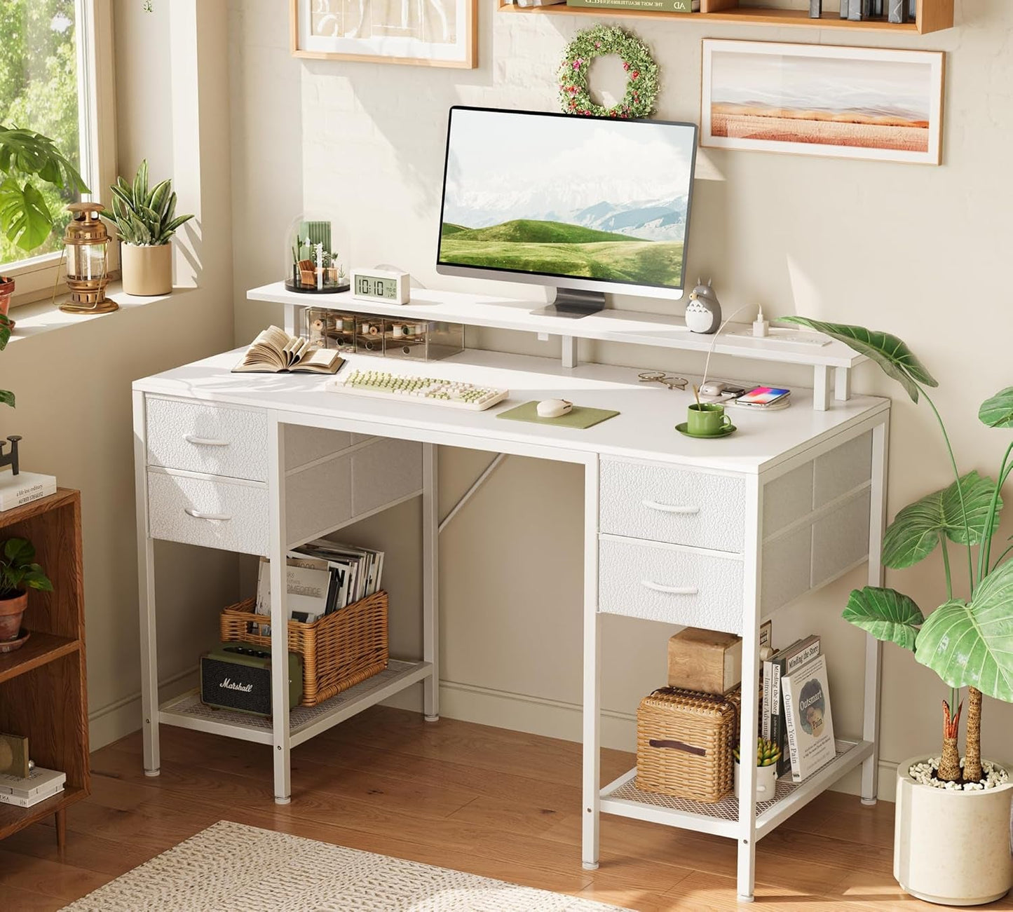 47 Inch Computer Desk with 4 Drawers, Gaming Desk with LED Lights & Power Outlets, Home Office Desk with Large Storage Space for Bedroom, Work from Home, White-2