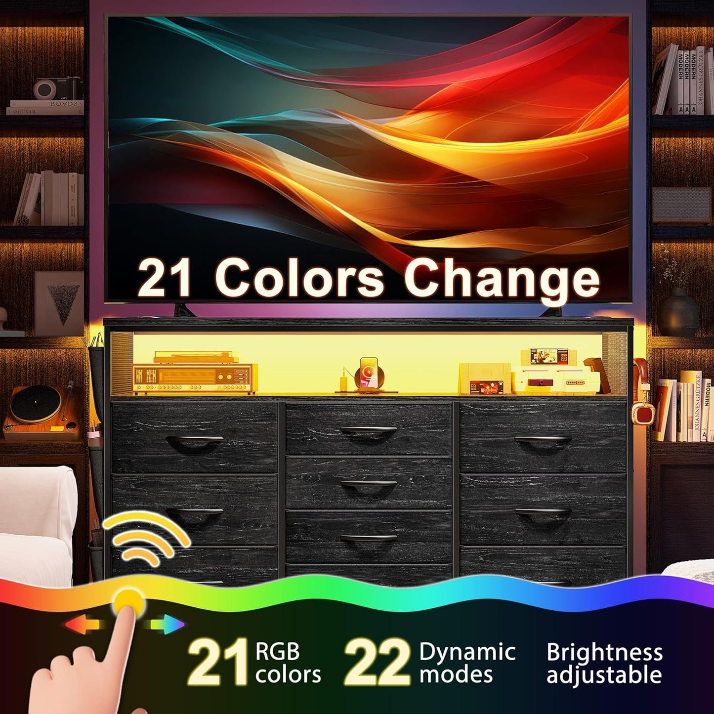 Dresser TV Stand with 10 Drawers for 55" TV Stand for Bedroom with LED Lights & Power Outlets Wide Dresser for Bedroom with Shelves & Side Pockets Sturdy Metal Frame & Wood Top, Charcoal Black-4