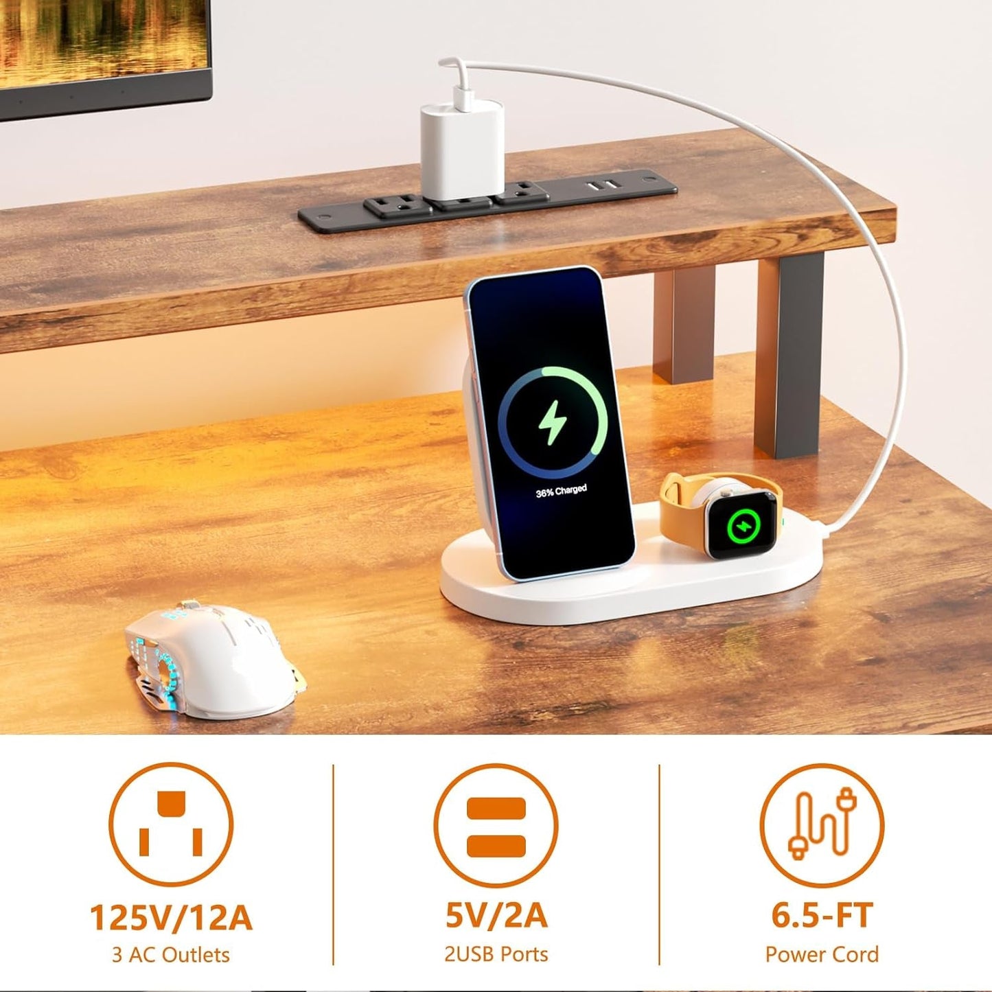 Computer Desk with 4 Drawers, 60" Office Long Desk with Fabric File Cabinet and Power Outlets, Gaming Desk with LED Lights, Study Writing Work Desk for Home Office, Rustic Brown-4