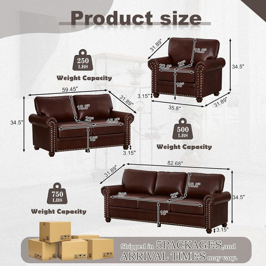 3 Piece Faux Leather Sofa Set,Mid Century Modern Couch and Loveseat Sets with Storage,Comfy Deep Seat Sofa with Nailhead Trim & Rolled Arm for Living Room,Office(Armchair+Loveseat+3 Seater,Burgundy)-1