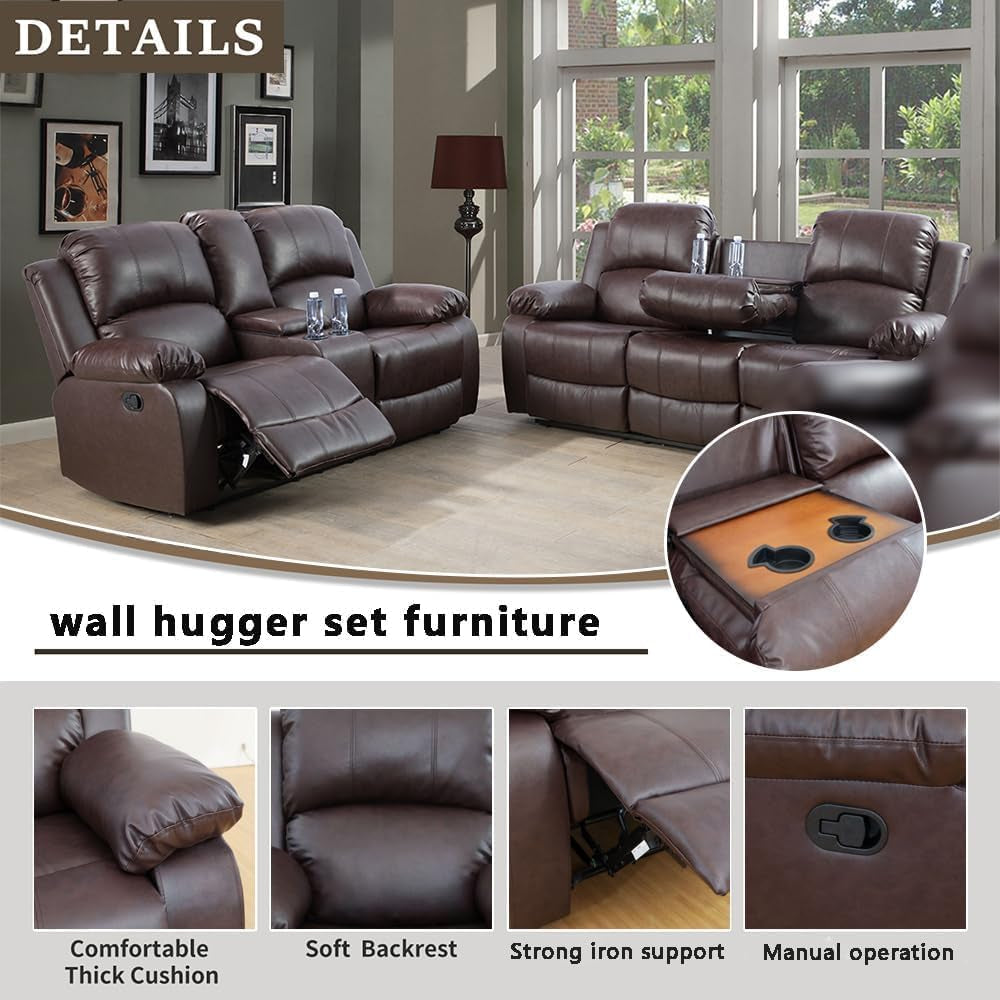 Bonded Leather Living Room Furniture Set Reclining Sofa Set Loveseat Furniture Sets in Living Room Sofa Recliners (Sofa+Loveseat, Brown)-4