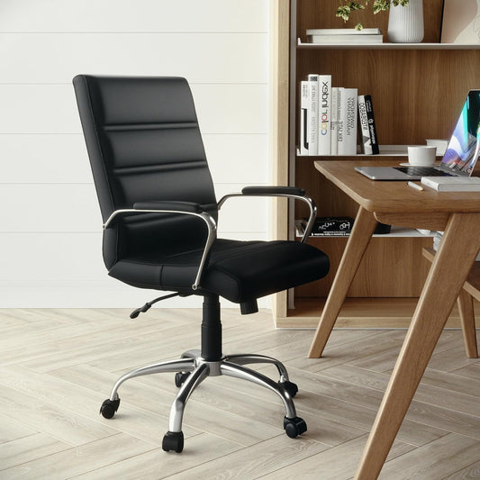 Whitney Mid-Back Swivel Leathersoft Desk Chair with Padded Seat and Armrests, Adjustable Height Padded Office Chair, Black-1