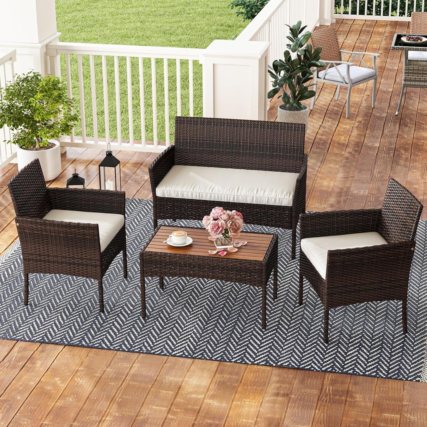 4-Piece Patio Bistro Set, All-Weather Outdoor Patio Furniture Rattan Wicker Loveseat Conversation Set with Wooden Side Table and Soft Cushions, Brown+Beige-1