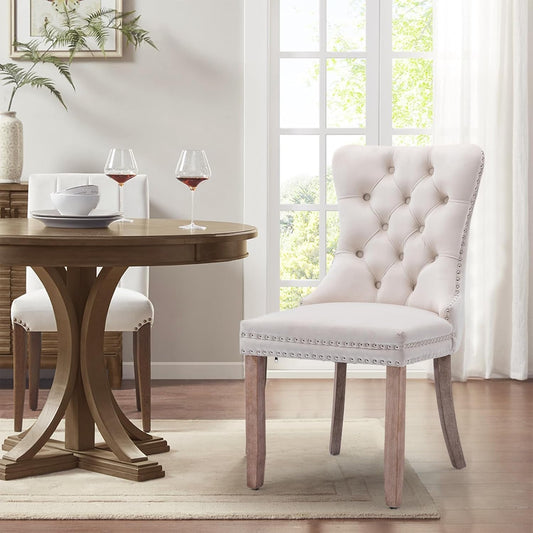 Velvet Upholstered Dining Chairs Set of 4, Modern Style Kitchen Side Chairs with Nailhead Trim and Wood Legs,Metal Pulling Ring for Dining Room Living Room(Beige,Set of 4)-1