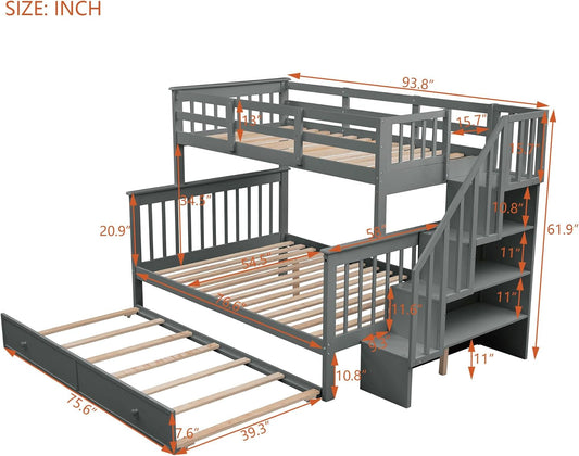Twin over Full Bunk Bed, Wooden Bunk Bed Frame Twin over Full with Trundle and Storage Shelves, Twin over Full Size Bunk Beds with Staircases for Kids Teens Adults, Grey-1
