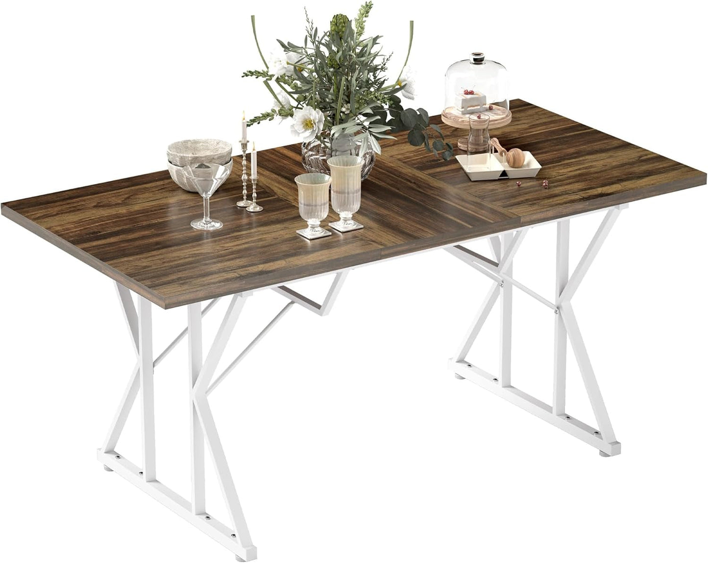 63"-47" Expandable Dining Table for 4-6 People, Farmhouse Extendable Dining Room Table with Heavy Duty Metal Trestle Base, Rectangle Kitchen Table, Distressed Brown-0