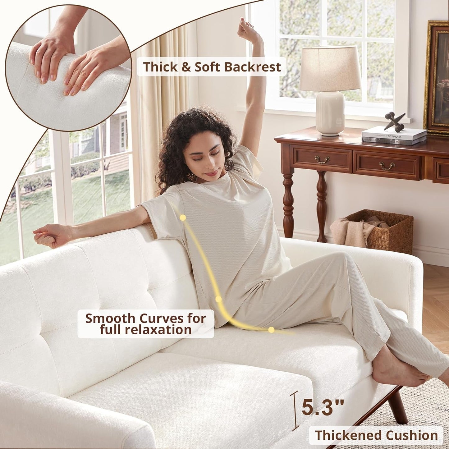 65.2" W Loveseat Sofa, Mid Century Modern Decor Love Seat Couches for Living Room, Button Tufted Upholstered Furniture, Solid & Easy to Install Small Couch for Bedroom Office Apartment, White-4