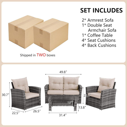 Patio Furniture Set,Outdoor Seating Patio Loveseat, 4 PCS Rattan Wicker Conversation Set with Glass Top Table and Chairs for Garden, Porch, Deck (Beige, 4Pcs)-1