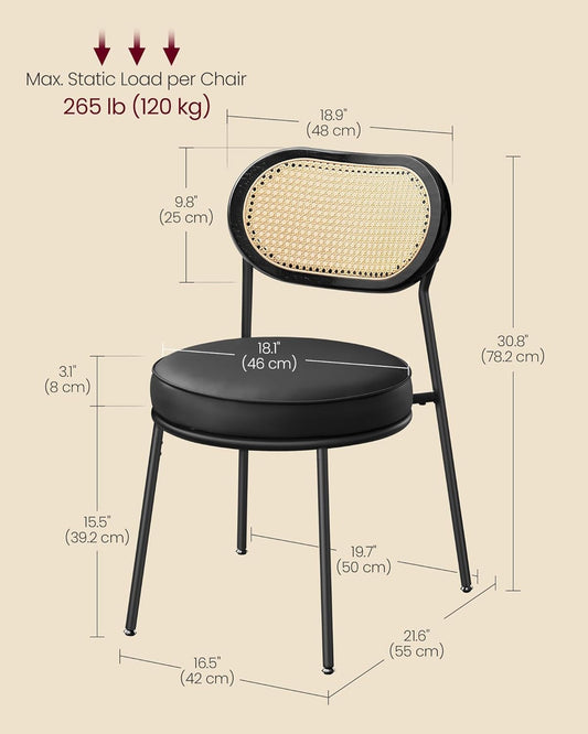 Dining Chairs, Set of 4 Dining Room Chairs with Boho PE Rattan Back, Synthetic Leather Upholstered Accent Chairs for Kitchen Living Room, Ink Black ULDC160B24-1