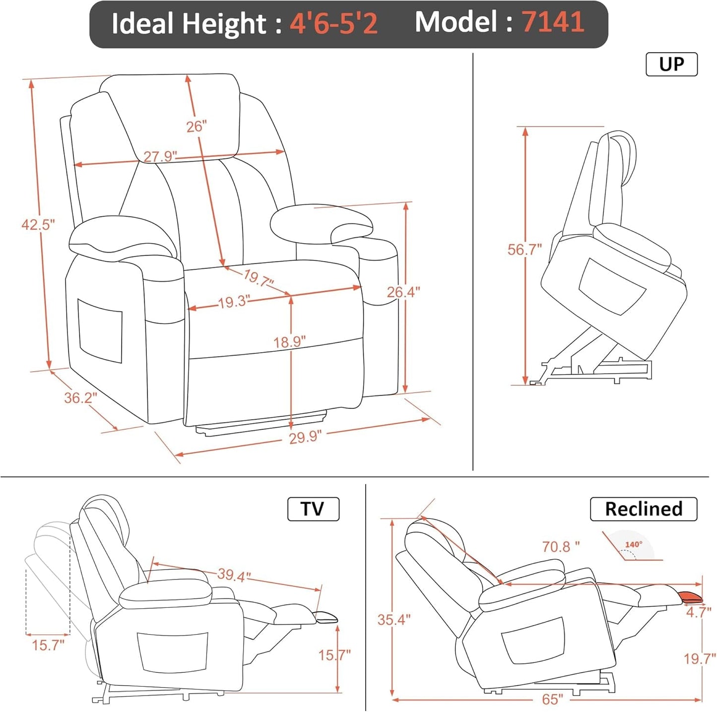Small Power Lift Recliner Chair Sofa with Massage and Heat for Petite Elderly, 3 Positions, Cup Holders, and USB Ports, Extended Footrest, Fabric 7141 (Admiral)-2
