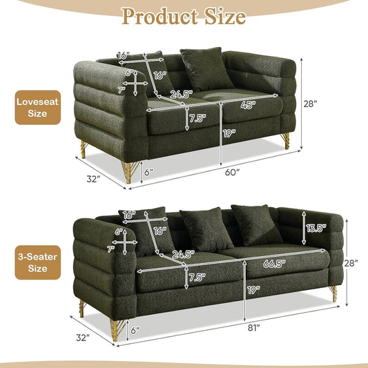 2 Piece Living Room Sofa Set, Comfy Boucle Couch with Loveseat and 3 Seater, Upholstered Sofa Couch with 2 Pillows and Deep Seat Design for Office, Waiting Room, Green Teddy-1