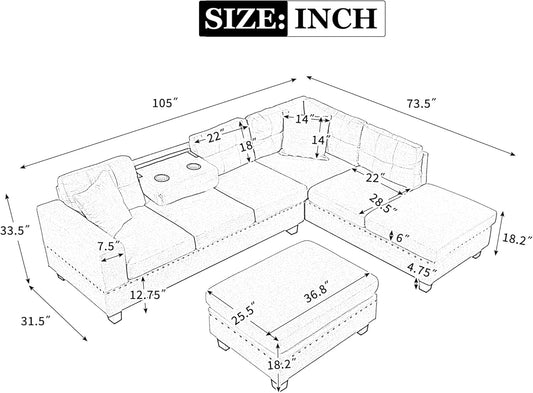Sectional Sofa Couch with Reversible Chaise and Ottoman, Linen L-Shape Couch with 2 Pillows and Cup Holder, Sectional Sofas for Living Room (Light Gray)-1
