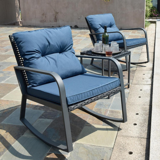 Patio Rocking Chair Outdoor Bistro Set (Dark Blue, 3PIECES)-1