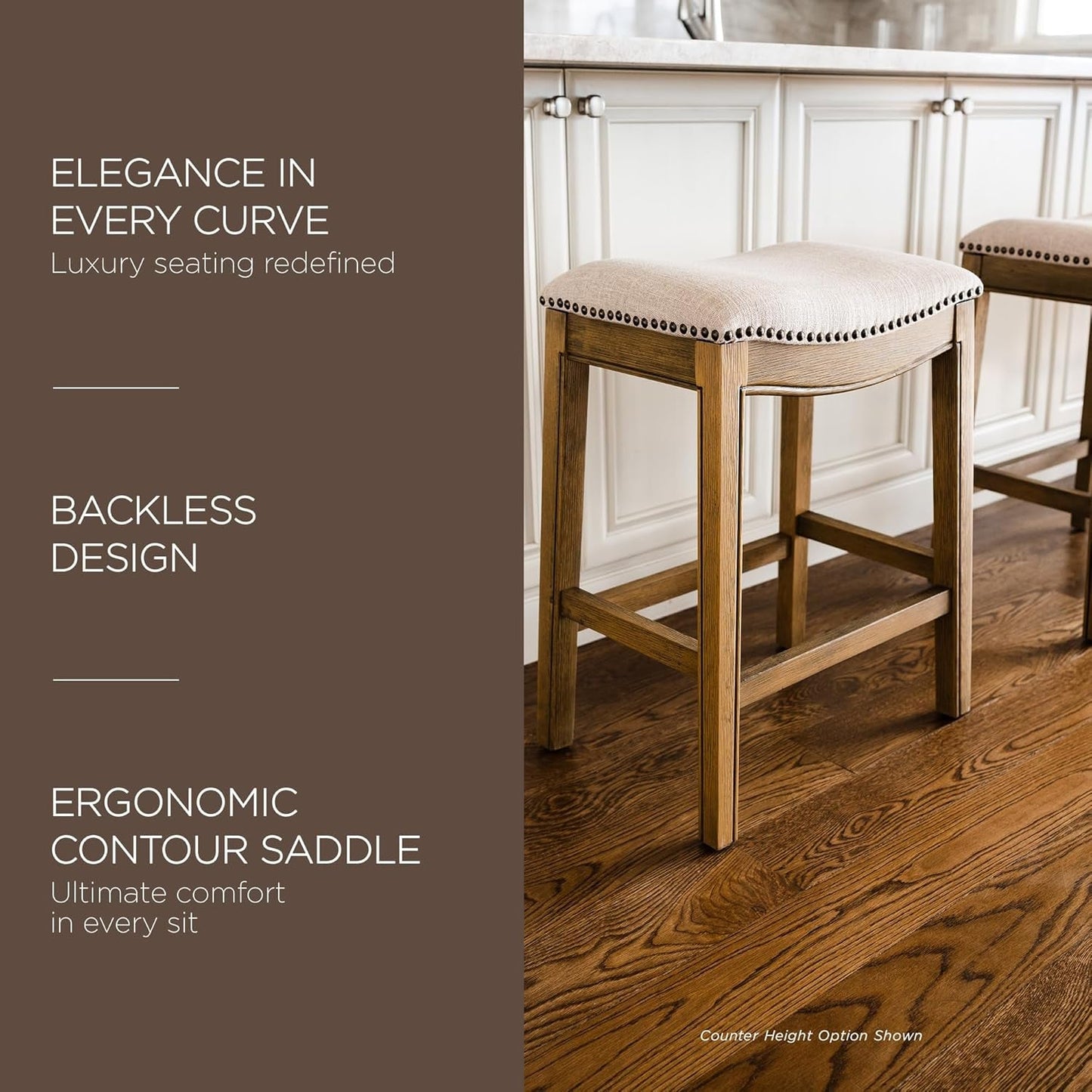 Adrien 31 Inch Bar Height Upholstered Backless Saddle Barstool in Natural Wood Finish with Wheat Cream Fabric Cushion Seat, Set of 4-3