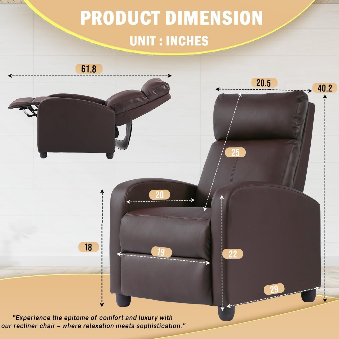 Recliner Chair Single Reclining Sofa Home Theater Seating with Lumbar Support and Padded Backrest for Living Room and Bedroom (Leather, Brown)-1