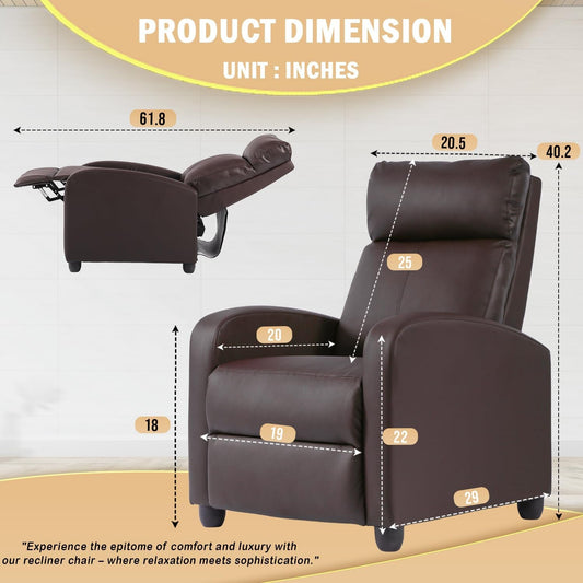 Recliner Chair Single Reclining Sofa Home Theater Seating with Lumbar Support and Padded Backrest for Living Room and Bedroom (Leather, Brown)-1