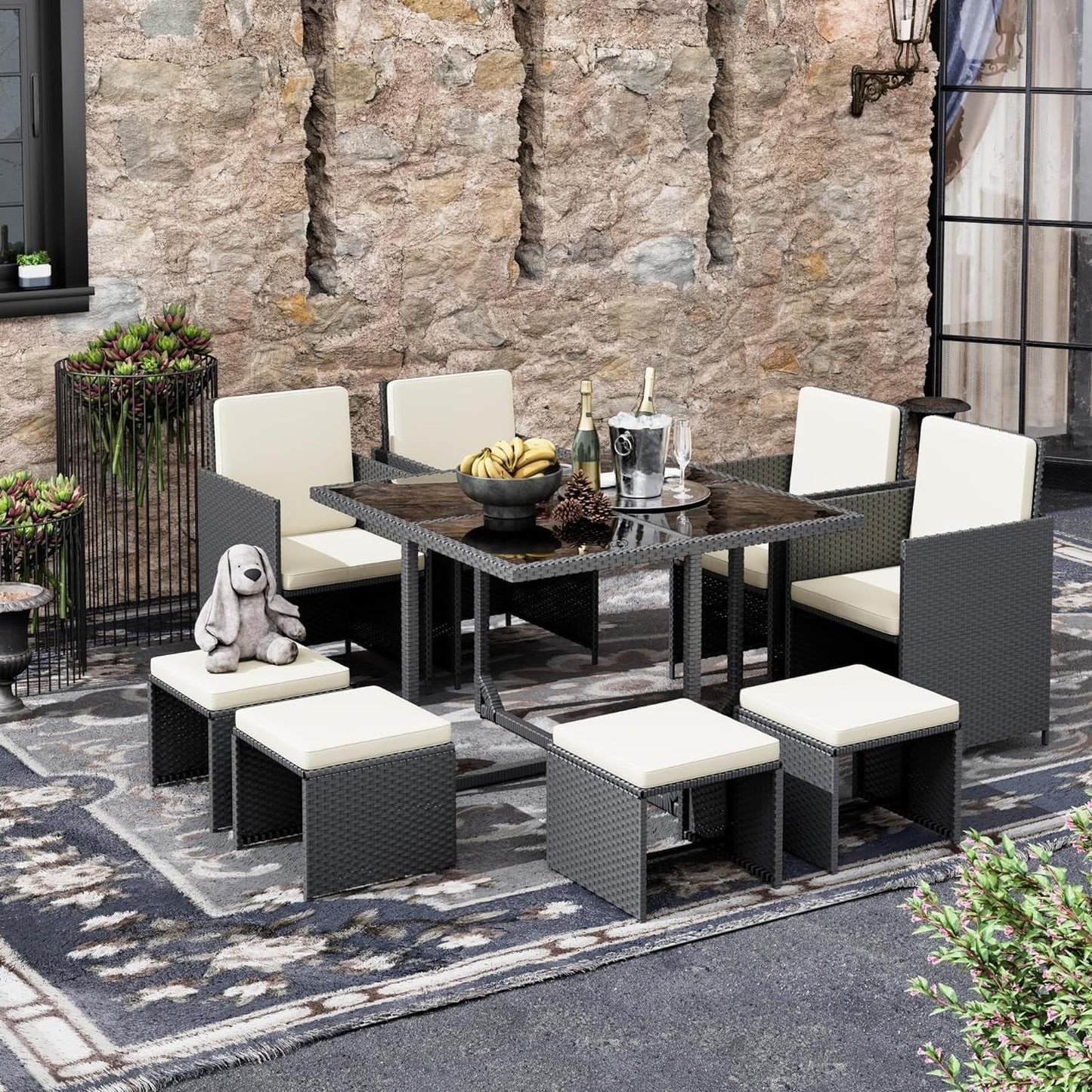 9 Pieces Patio Dining Sets Outdoor Conversation Sets, Space Saving Wicker Chairs with Glass Table and Ottomans, Cushioned Seating and Back Sectional Dining Sets(Bk-Wh)-0