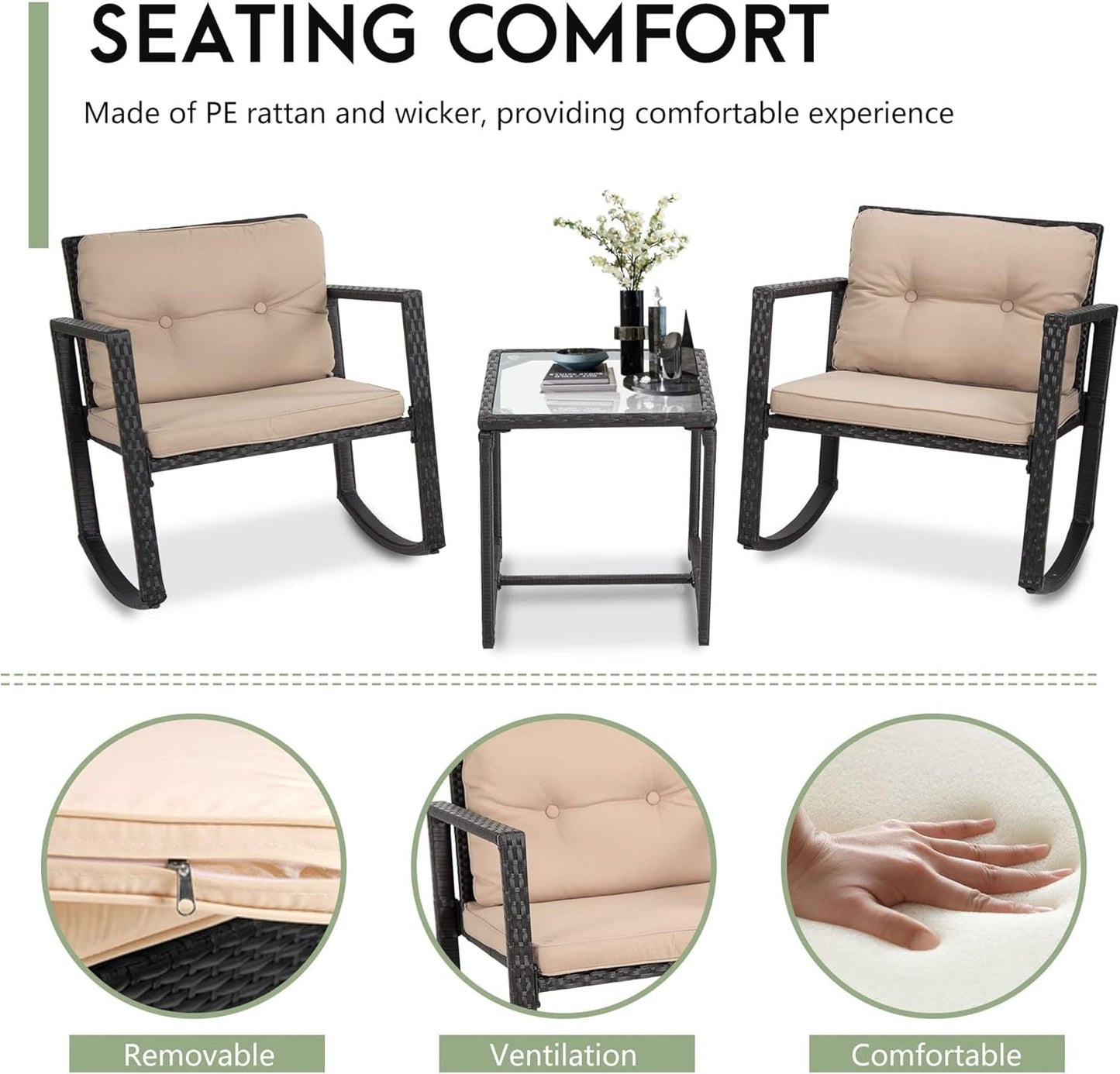 Wicker Patio Furniture Outdoor Bistro Set, Rocking Chair, 3 Piece, Rattan Conversation Set for Backyard Porch Poolside Lawn with Coffee Table,Black-4