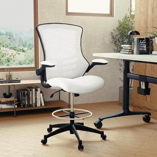 Kelista Mid-Back White Mesh Ergonomic Drafting Chair | Adjustable Foot Ring, Flip-Up Arms | Comfort and Productivity-1