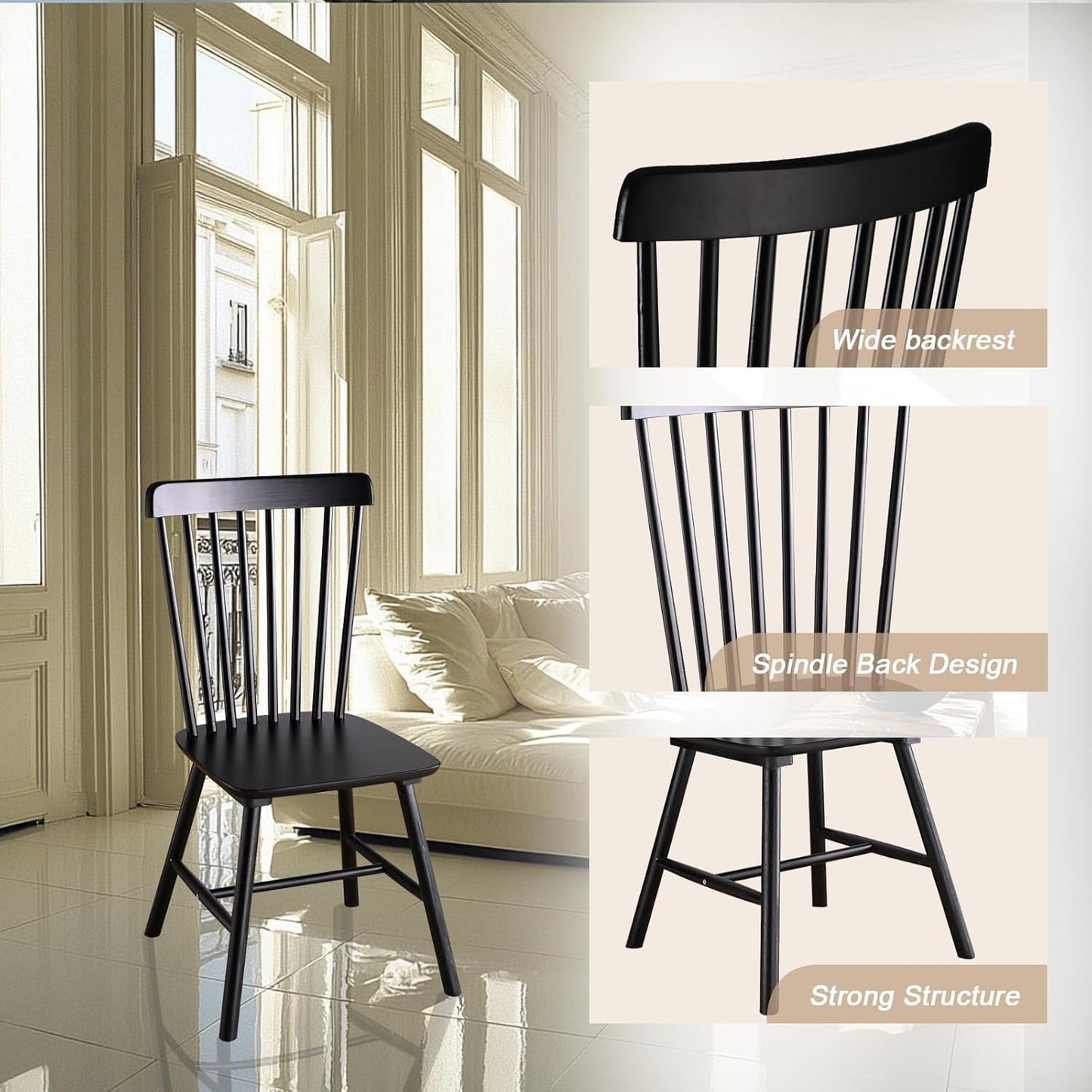 Wooden Windsor Dining Chairs Set of 2 Wood Dining Room Chair Black Spindle Side Kitchen Room Country Farmhouse Chairs-4