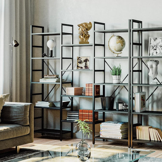 Bookcases and Bookshelves Triple Wide 5 Tiers Industrial Bookshelf, Large Etagere Bookshelf Open Display Shelves with Metal Frame for Living Room Bedroom Home Office-1