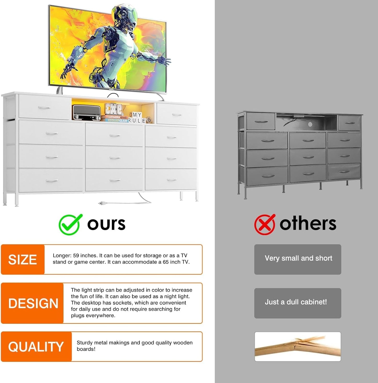 Long Dresser for Bedroom with Charging Station and LED Lights, White Dresser TV Stand with 11 Drawers, Fabric Chest of Drawers with PU Finish for Bedroom, Living Room, Entryway-3