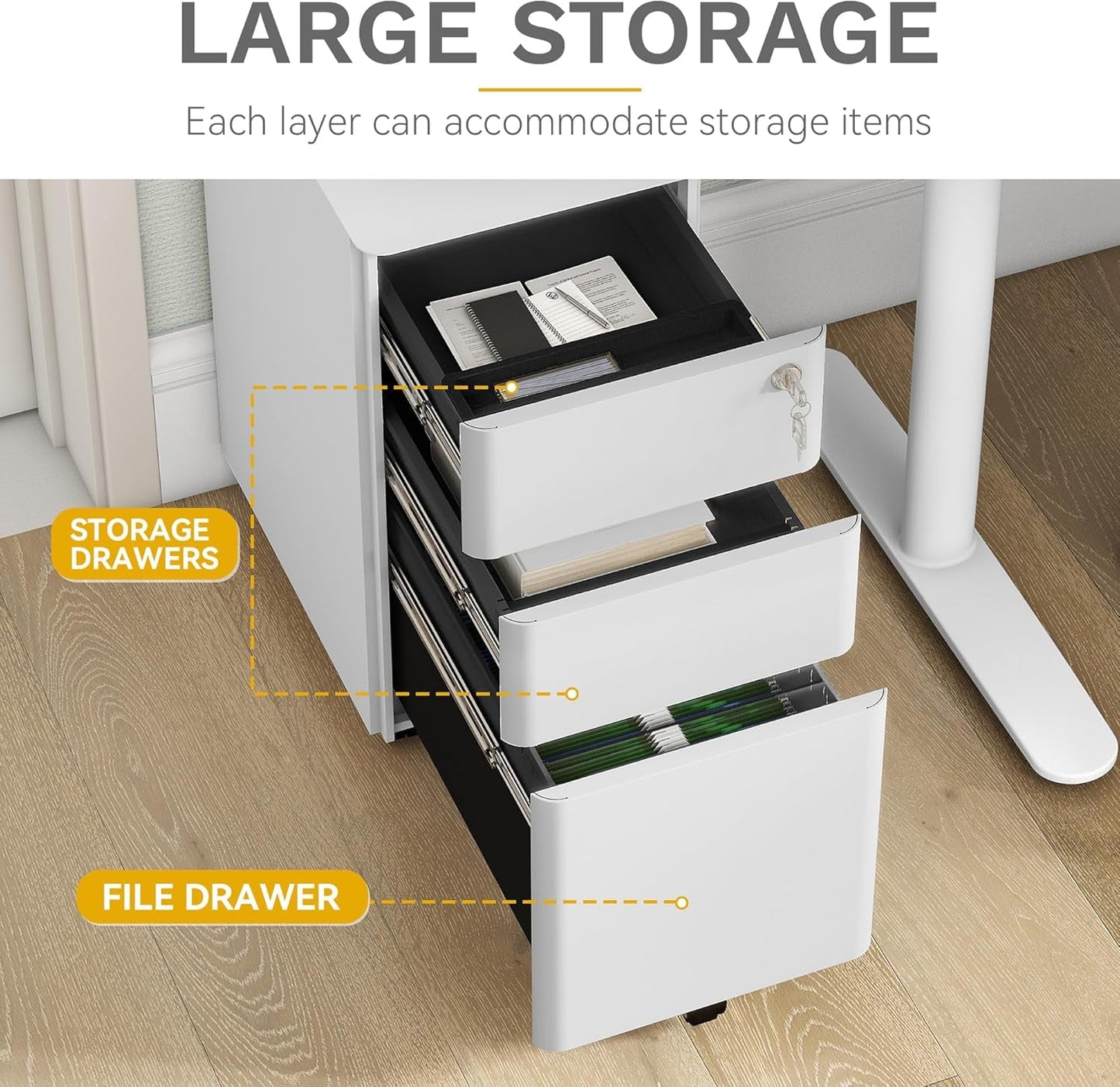 3-Drawer Vertical File Cabinet, Mobile Filing Cabinet with Lockable, Pre-Assembled Compact Slim File Cabinet, Portable Office Storage for A4/Letter/Legal Documents (White)-3