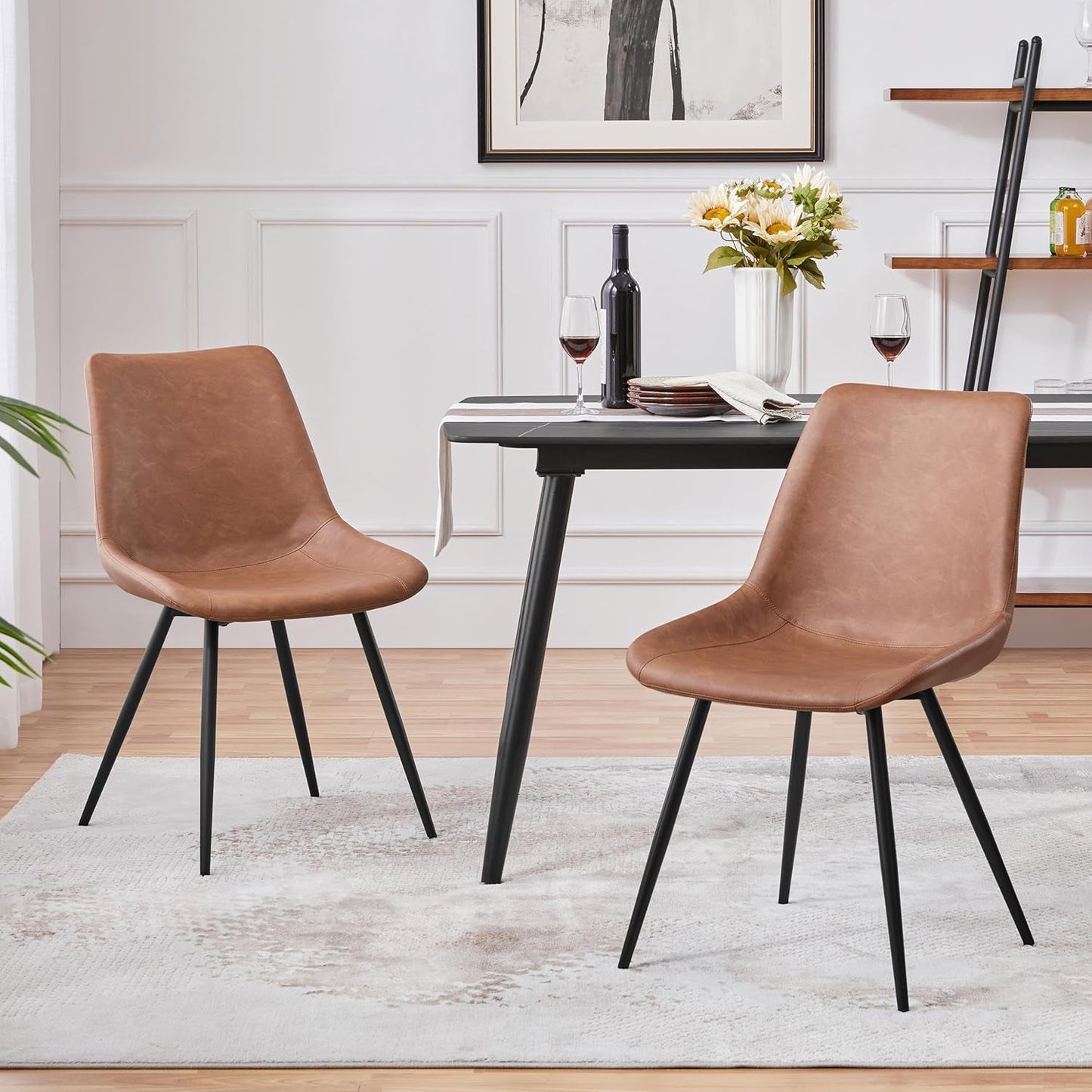 Dining Chairs Set of 2 Upholstered Modern Dining Room Chairs Mid Century Faux Leather Kitchen Chairs with Metal Legs for Dining Room Kitchen, Brown-3