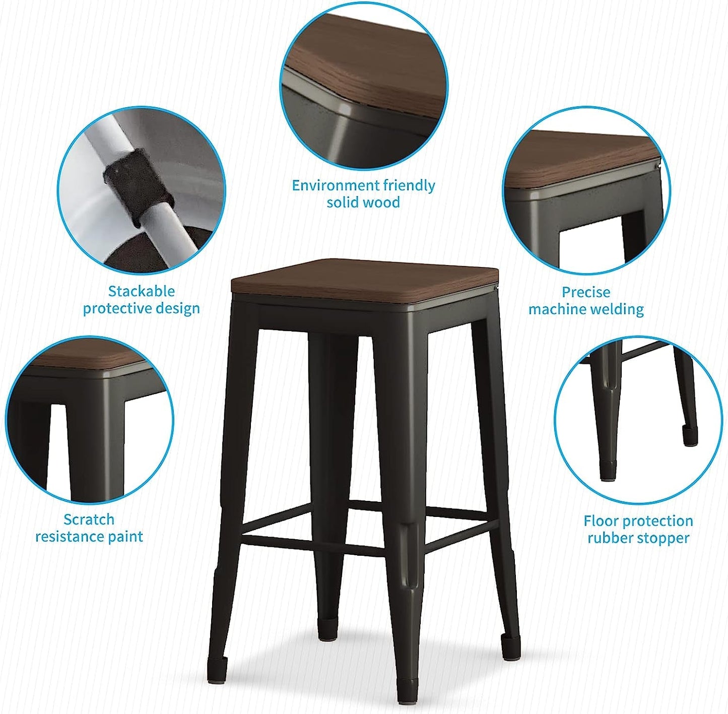 Square Metal Bar Stool Stackable Set of 2-4