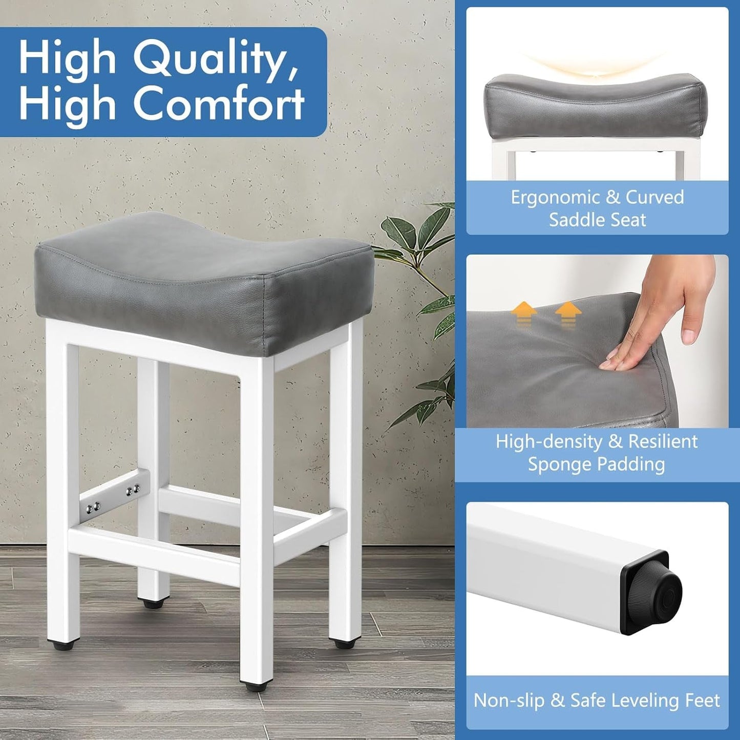 Counter Height Bar Stools Set of 2, 24 Inch Barstools for Kitchen Island Counter, Bonded Leather Kitchen Stools with Thick Saddle Seats & Heavy Duty Metal Base, Easy Assembly, Gray/White-2