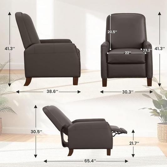 Recliner Chair, Mid-Century Modern Pushback Chair for Bedroom, Adjustable Single Upholstered Sofa with Brass Nailhead Trim, Faux Leather Recliners Armchair for Living Room, Saddle Brown-1