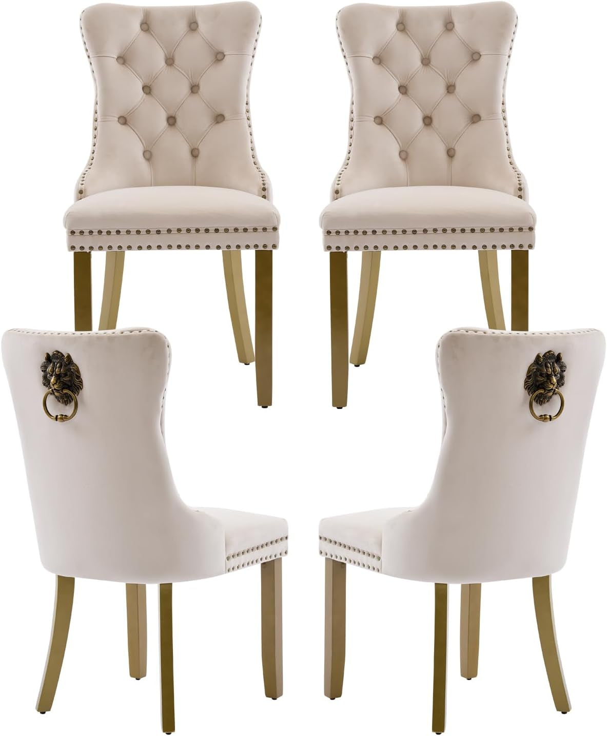 Beige Velvet Dining Chairs Set of 4, Upholstered Dining Room Chairs with Lion Head Pulls Ring and Golden Solid Wood Legs, Modern Button Tufted Kitchen Chairs for Dining Room, Kitchen(Beige)-0
