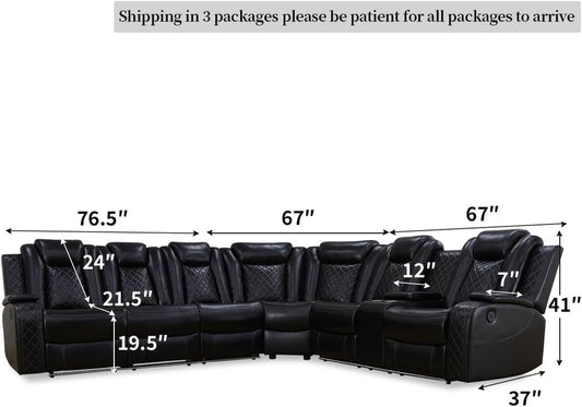 Living Room Furniture Set Black Leather Sofa Living Room Set Power Recliner Adjustable Sofa,Loveseat and Chair with Cup Holders/Storage Console/Led Light/Ups Port for Living Room, Office-1