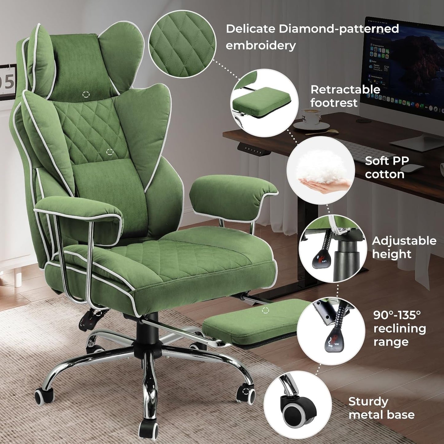 Big and Tall Gaming Chair with Pocket Spring Lumbar Support, Ergonomic Office Chair with Footrest, Executive Desk Chair with Outward Fixed Soft Armrests, Computer Chair with High Back, Green-4