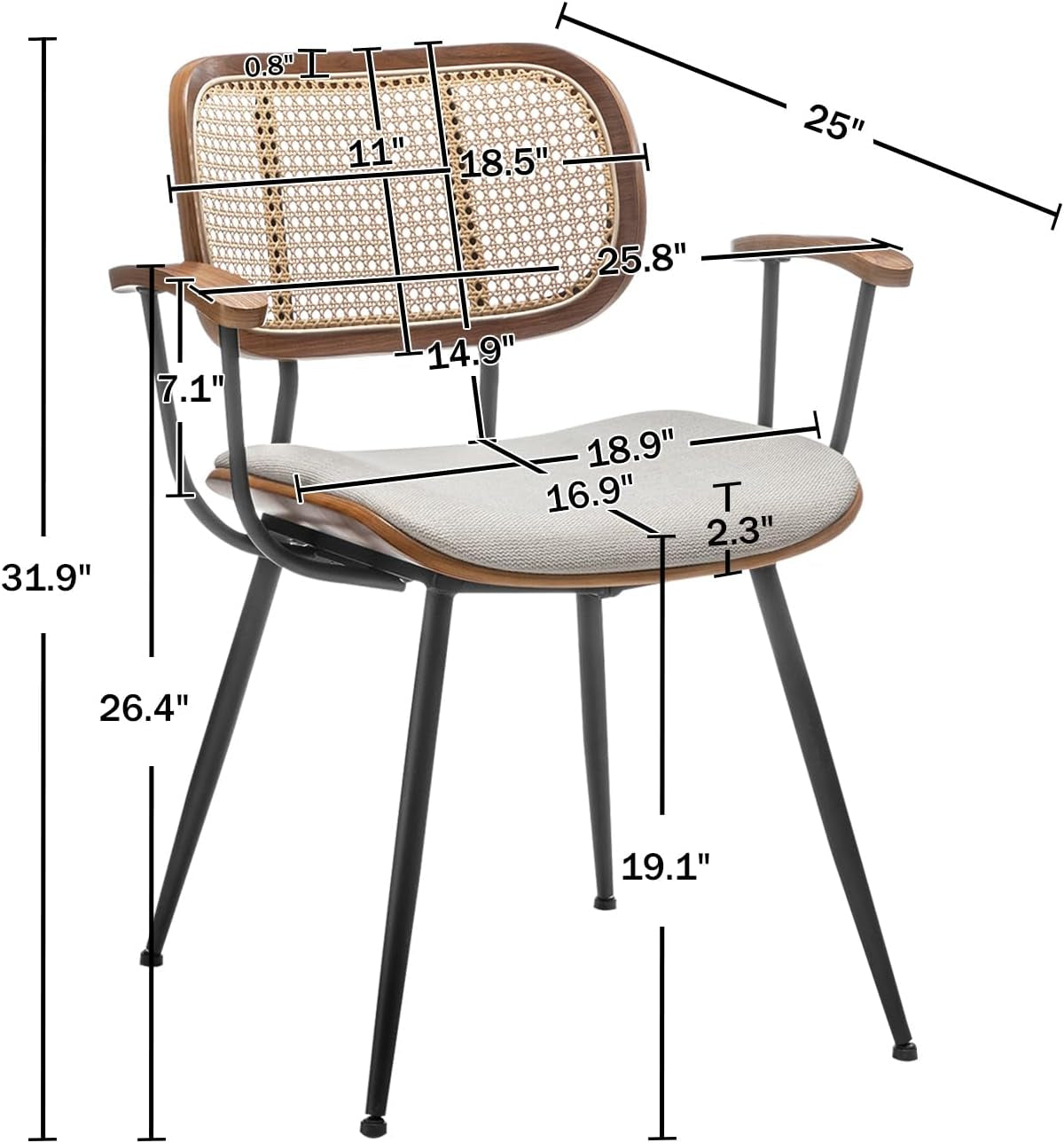 Rattan Dining Room Chairs Set of 2,Mid Century Modern Kitchen Side Chairs, Metal Legs Desk Chairs,Linen Fabric Accent Chairs with Arms and Rattan Backrest,Beige Fabric-1