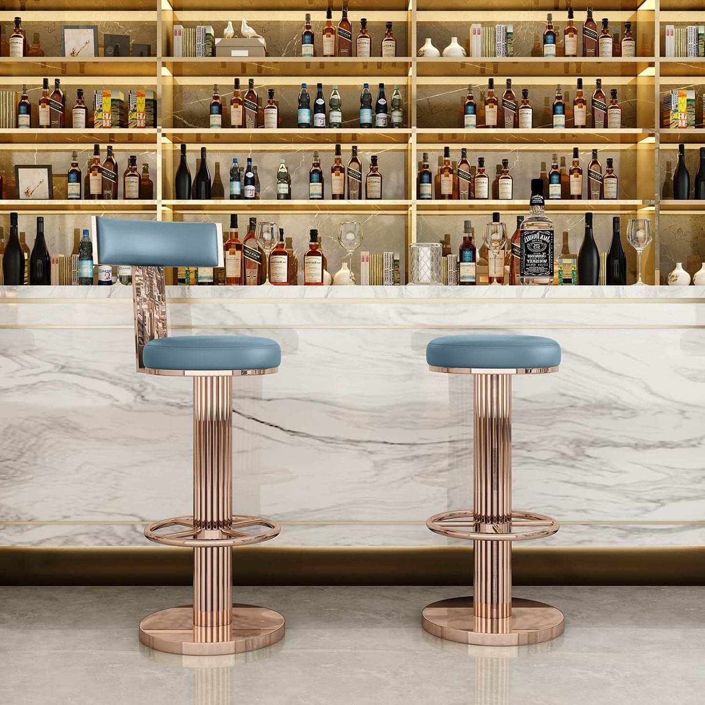 Swivel Bar Stools with Backrest, Modern Adjustable Height Counter Stool with Stainless Steel Legs and Comfortable Cushion, Rose Bar Chairs for Kitchen Island Counter (Blue)-1