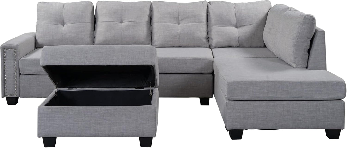108.1Inch Sectional Sofas Rivet Ornament 3-Seat Sofa Sectional Sofa Couches with Reversible Chaise Storage Ottoman and 2 Cup Holders, Sofa Lounge and Ottoman for Living Room Furniture-4