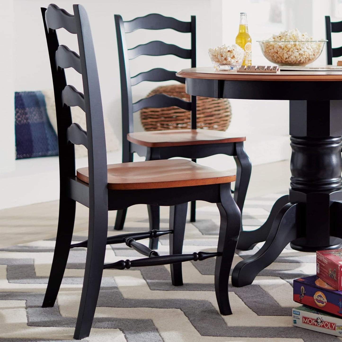 Home Styles French Countryside Oak and Black Pair of Dining Chairs with Distressed Oak Contoured Seat, Rubbed Black Finish, and French Leg Design-1