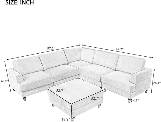 Large Sectional Sofa Couch with Ottoman for Living Room, L Shaped Corduroy Fabric Sofa Couch, 98" L Modular Corner Sectional Sofa for Spacious Space Office, Beige-1