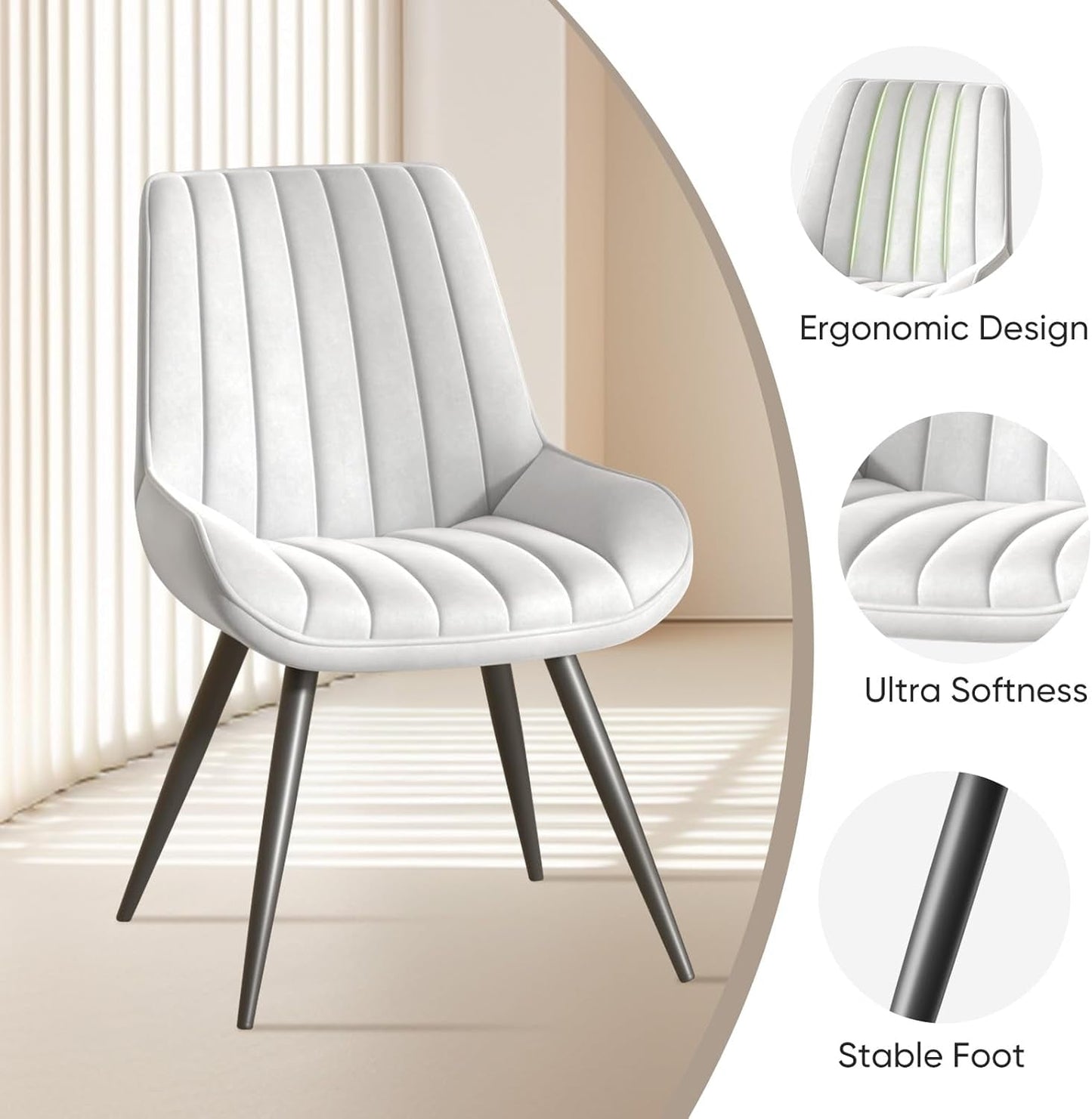 Modern Dining Chairs Set of 4, Comfy Dining Room Chairs with Thick Cushions, Upholstered Fabric Kitchen Side Chairs with Metal Legs, White-2