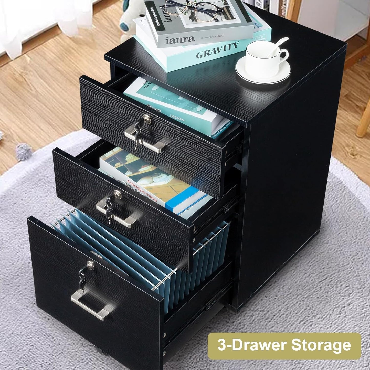 26" H 3 Drawer File Cabinet with Lock, Rolling File Cabinet under Desk, Mobile File Cabinets for Home Office, Wood Black File Cabinet Printer Stand for Letter Size Hanging/Manila File Folders-3