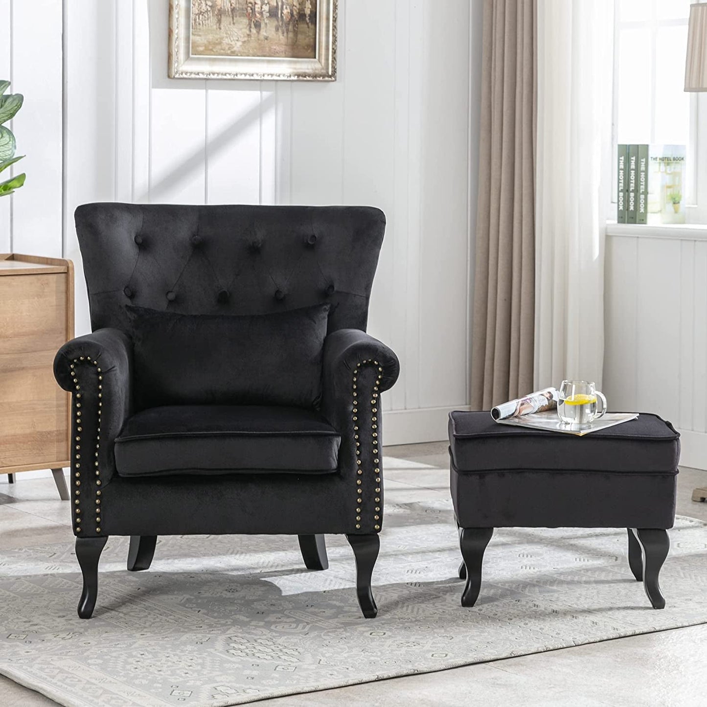 Black Velvet Wingback Chair with Ottoman Set-0