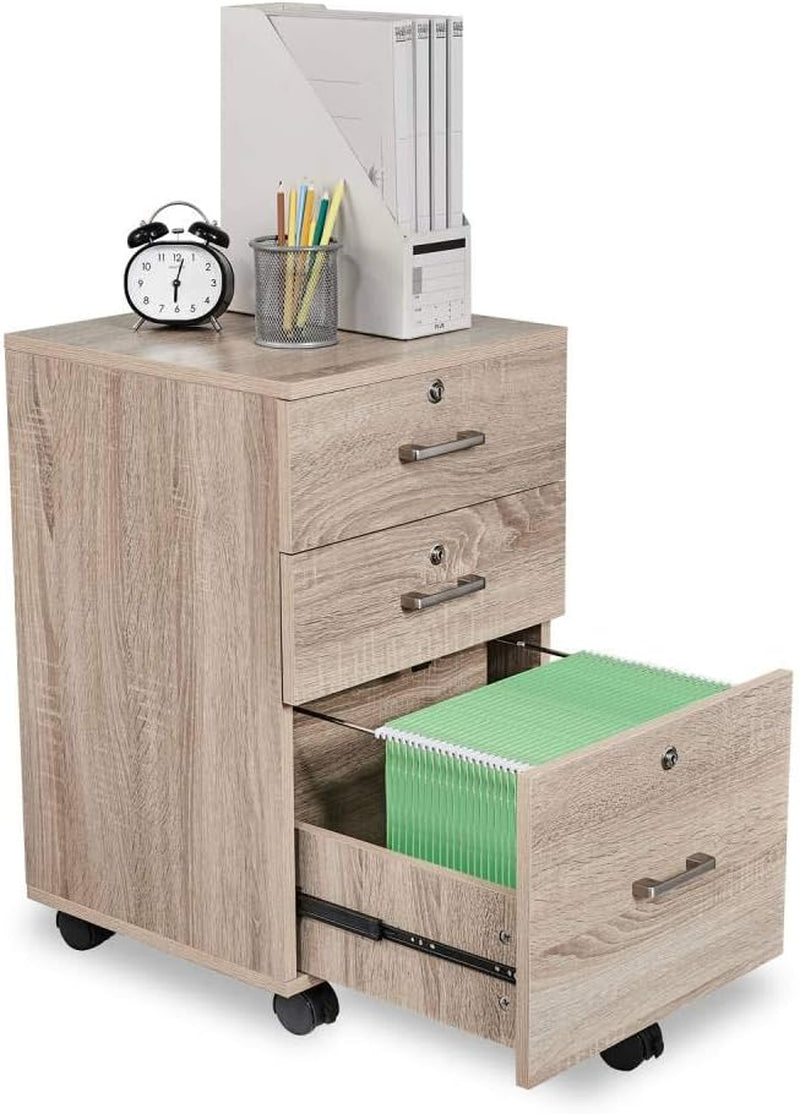 26"H 3 Drawer File Cabinet with Lock, Rolling File Cabinet under Desk, Mobile File Cabinets for Home Office, Wood File Cabinet Printer Stand for Letter Size File Folders, Assembly Required, Oak-0